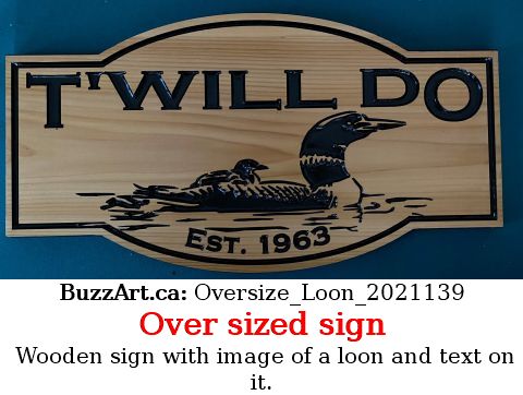 Wooden sign with image of a loon and text on it.